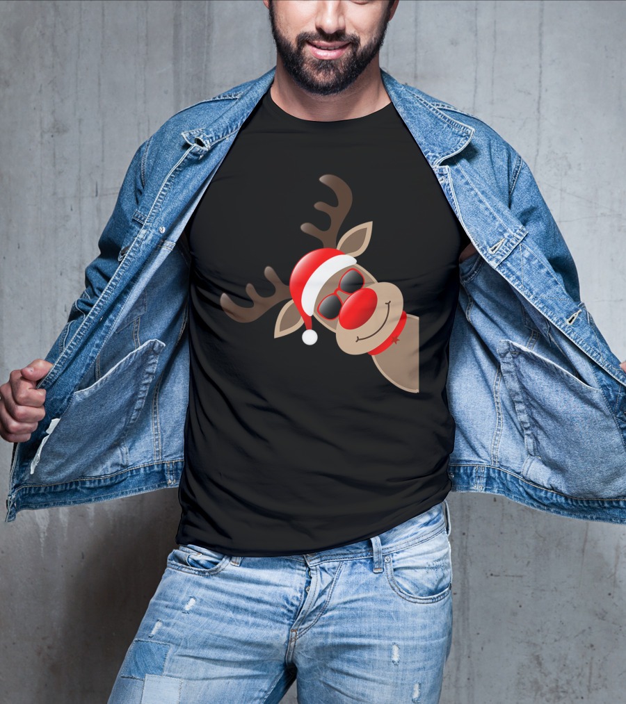 Rudolph Red Nose Reindeer Santa Hat Sunglasses T-Shirt