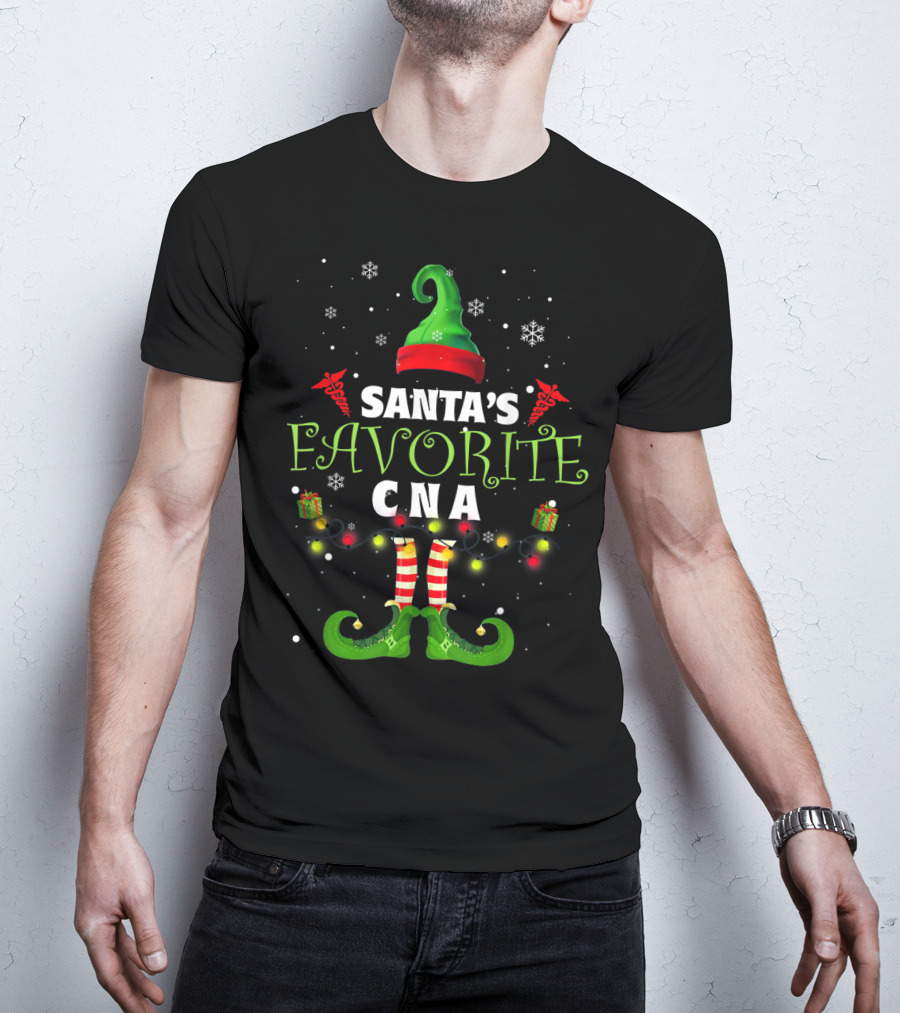 Santa's Favorite CNA Christmas Elf Hat Lights Snowflakes T-Shirt
