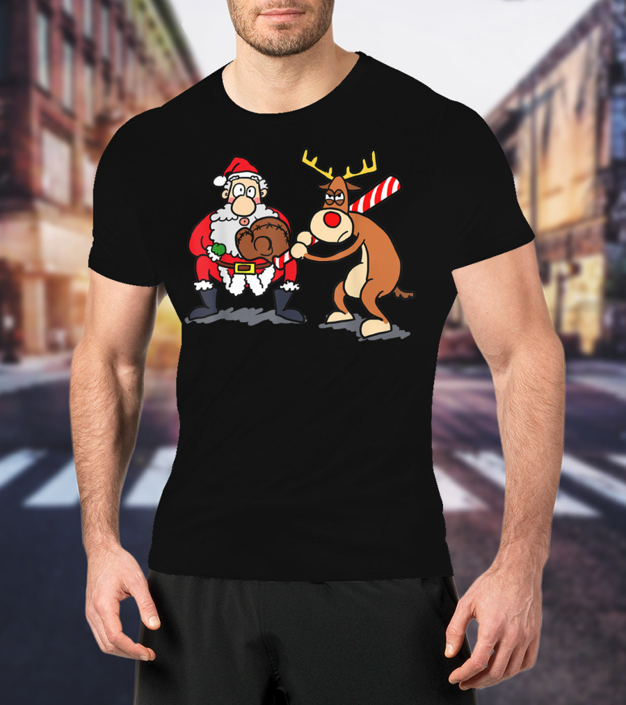 Santa Reindeer Candy Cane Baseball Softball Player Christmas T-Shirt