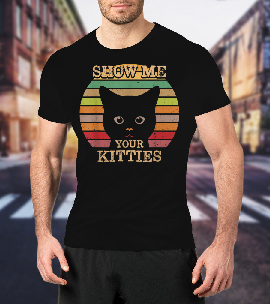 Show Me Your Kitties Retro Cat Lover Rainbow Stripes T-Shirt