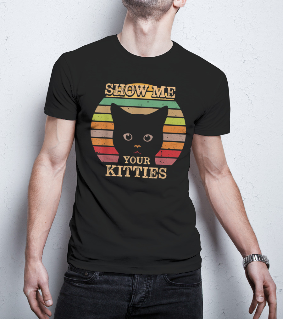 Show Me Your Kitties Retro Cat Lover Rainbow Stripes T-Shirt