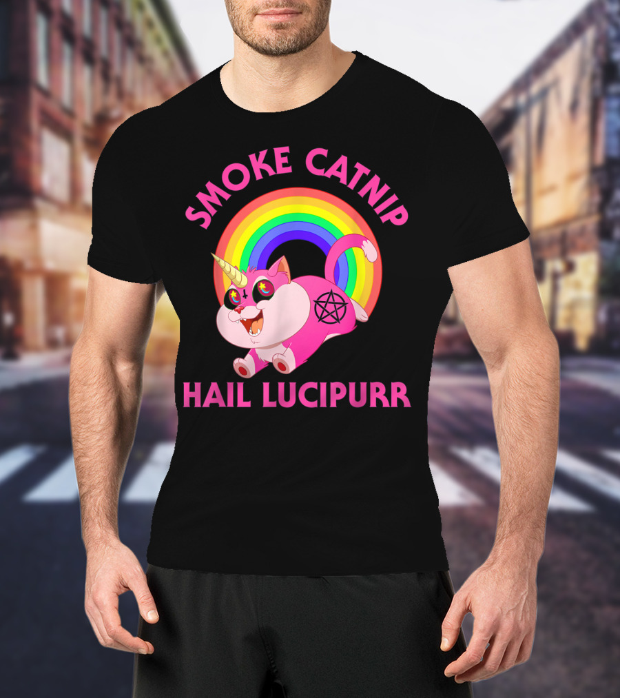 Smoke Catnip Hail Lucipurr Rainbow Unicorn Satanic Cat T-Shirt