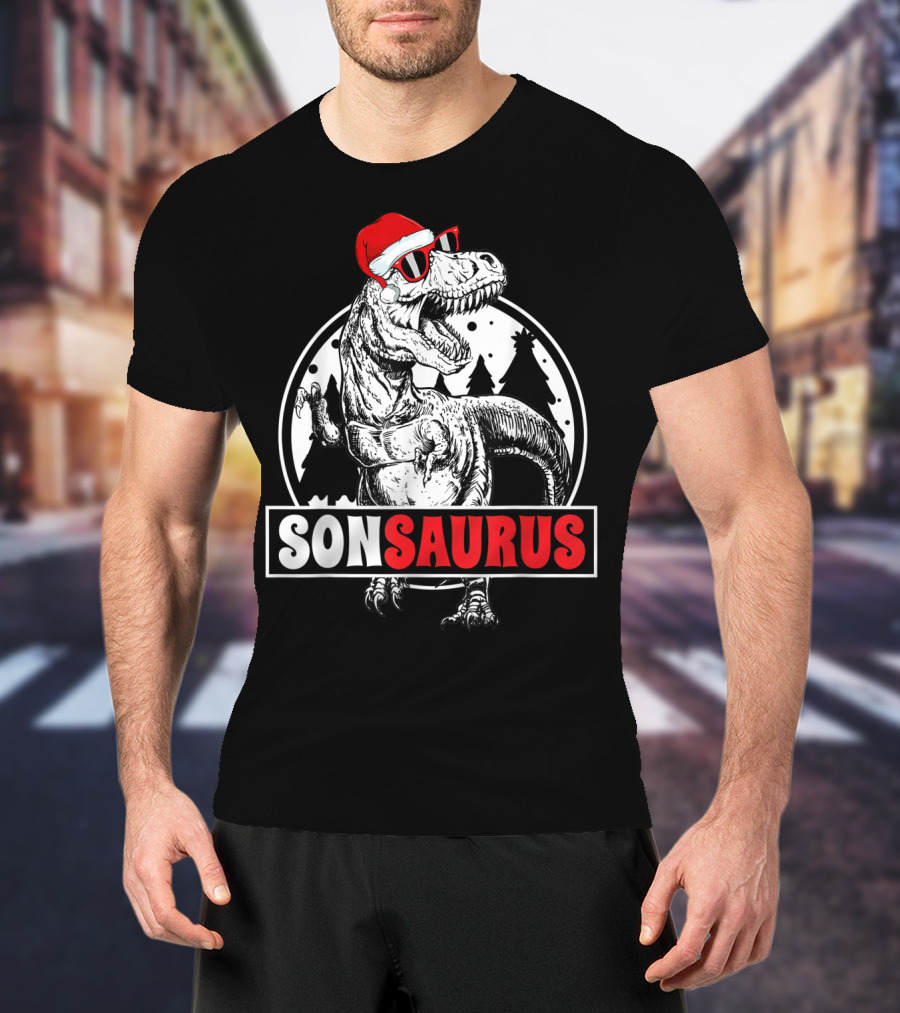 Sonsaurus Christmas Rex T-Rex Dinosaur Holiday Santa Hat T-Shirt