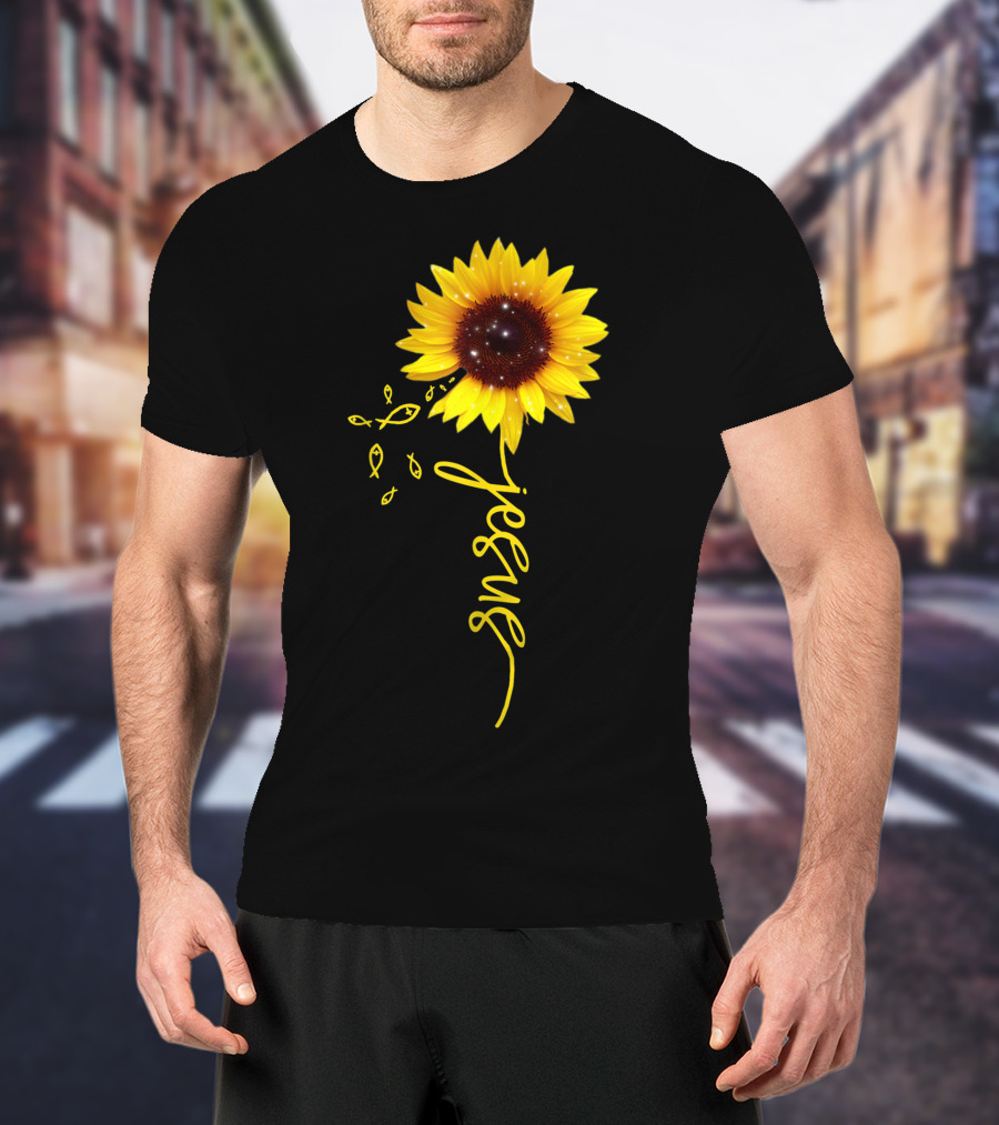 Sunflower Jesus Christian Faith Cross With Ichthys Symbols T-Shirt