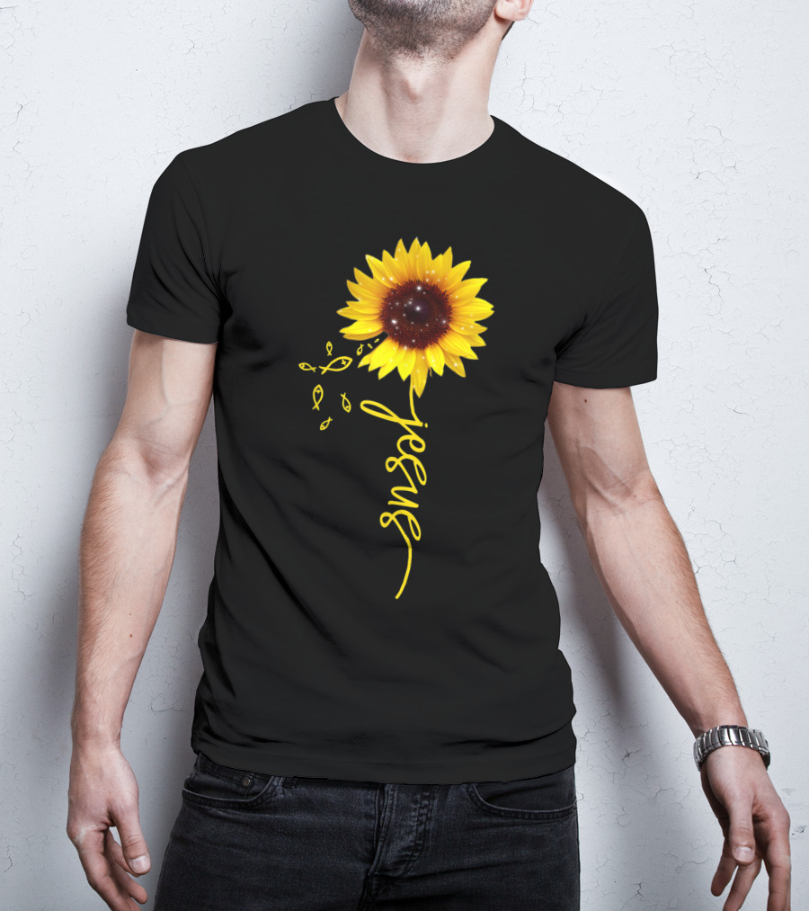 Sunflower Jesus Christian Faith Cross With Ichthys Symbols T-Shirt