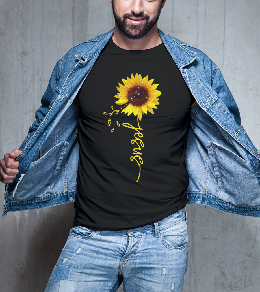 Sunflower Jesus Christian Faith Cross With Ichthys Symbols T-Shirt