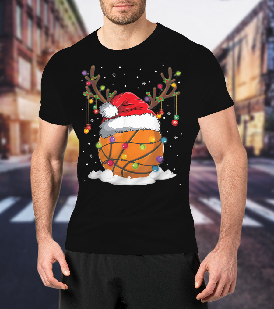 This Is My Christmas Basketball Player Santa Hat Reindeer Antlers Lights T-Shirt