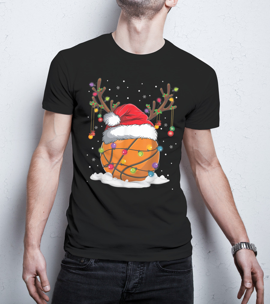 This Is My Christmas Basketball Player Santa Hat Reindeer Antlers Lights T-Shirt