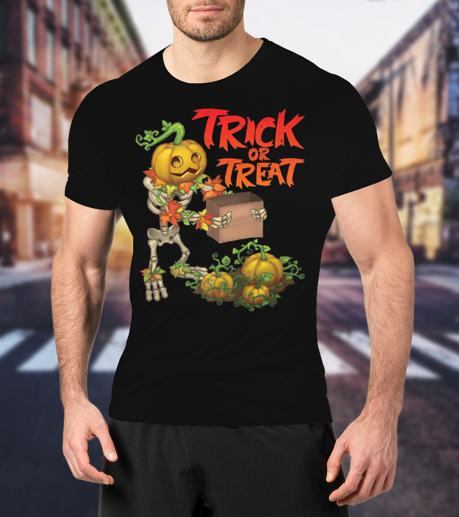 Trick Or Treat Punkleton Skeleton With Pumpkins And Candy Box T-Shirt