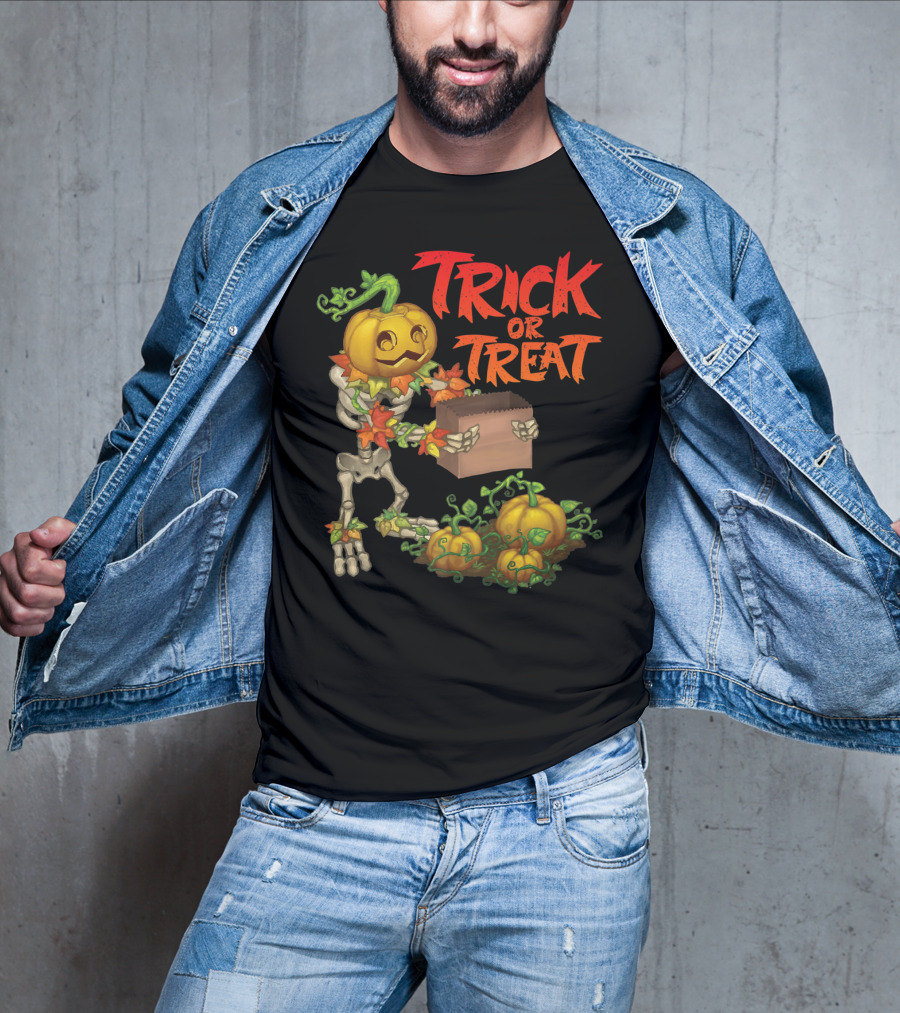 Trick Or Treat Punkleton Skeleton With Pumpkins And Candy Box T-Shirt