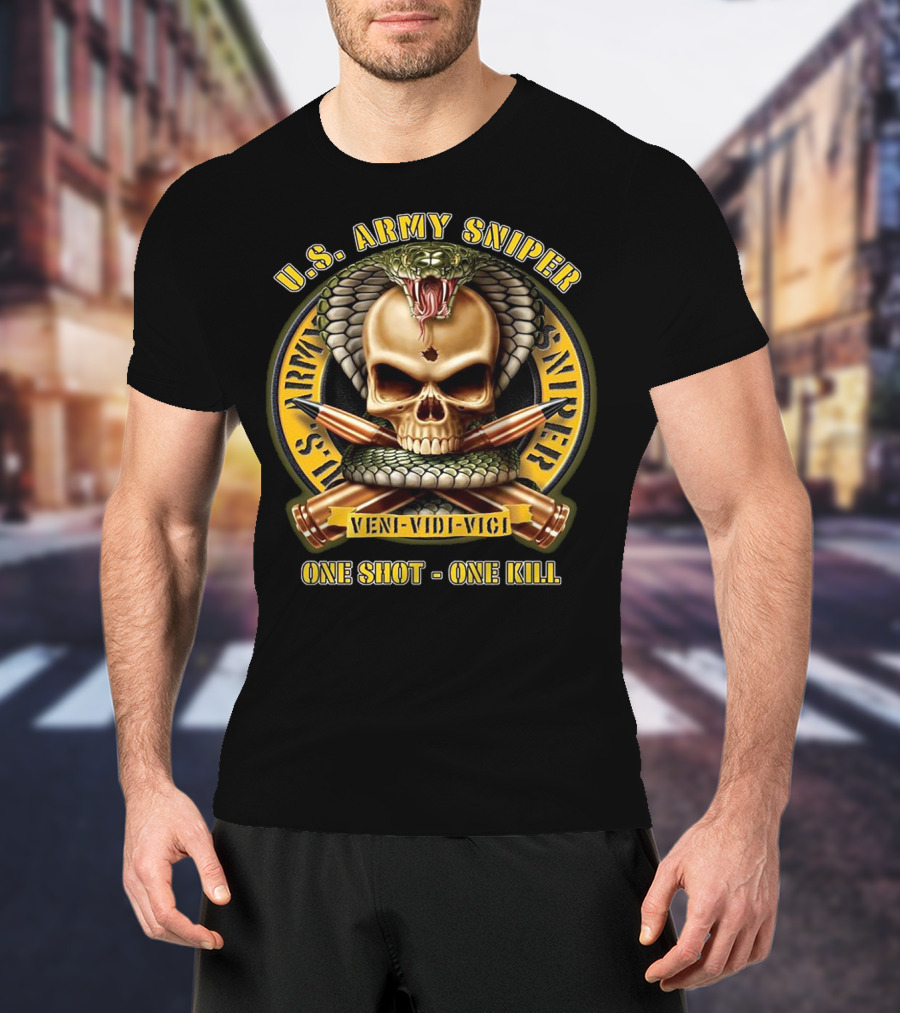 U.S. Army Sniper Veni Vidi Vici One Shot One Kill Skull Snake Badge T-Shirt