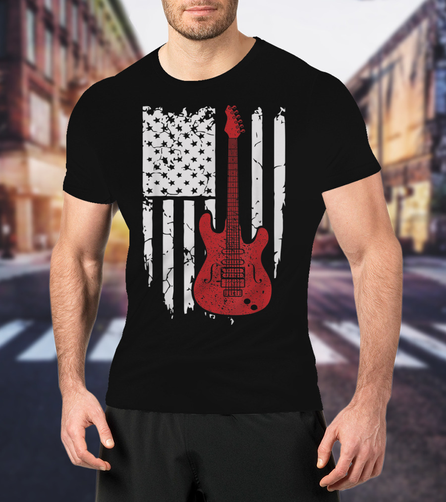 Usa American Flag Guitar Musician Guitars Red Electric Vintage Grunge T-Shirt