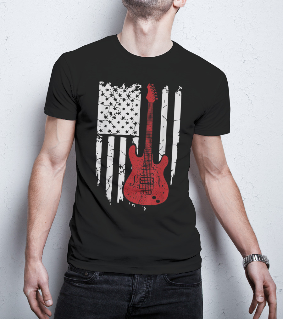 Usa American Flag Guitar Musician Guitars Red Electric Vintage Grunge T-Shirt
