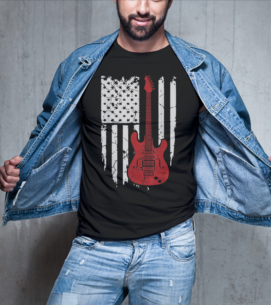 Usa American Flag Guitar Musician Guitars Red Electric Vintage Grunge T-Shirt