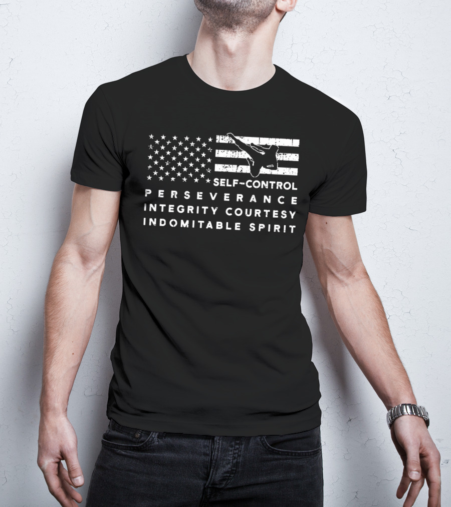 Vintage American Flag Taekwondo Self-Control Perseverance Integrity Courtesy Indomitable Spirit T-Shirt