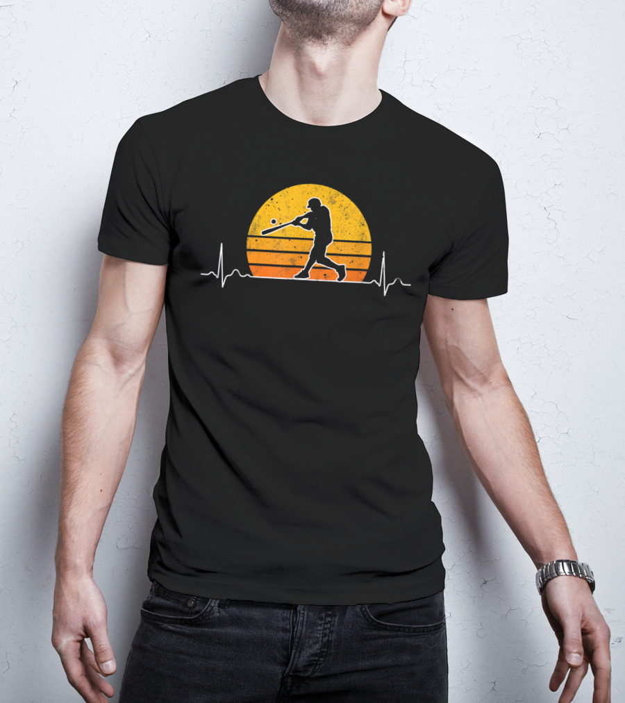 Vintage Baseball Player Heartbeat Sunset Scene T-Shirt
