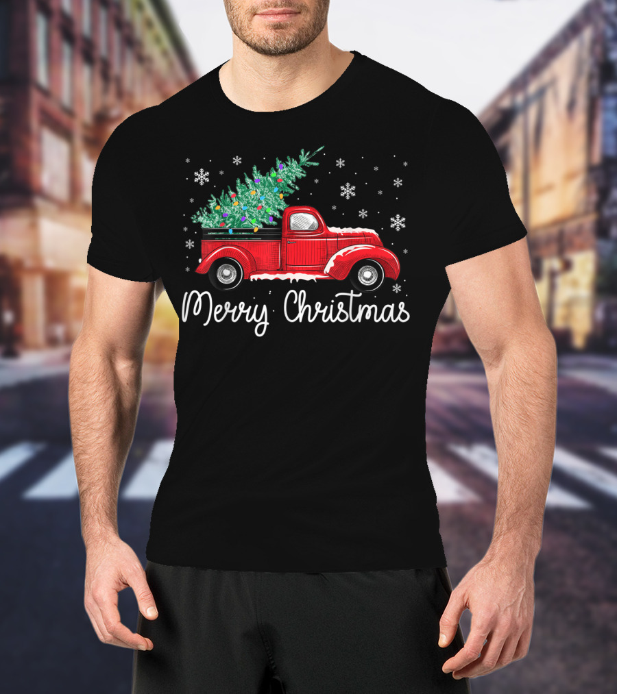 Vintage Red Truck With Christmas Tree And Merry Christmas Snowflakes T-Shirt