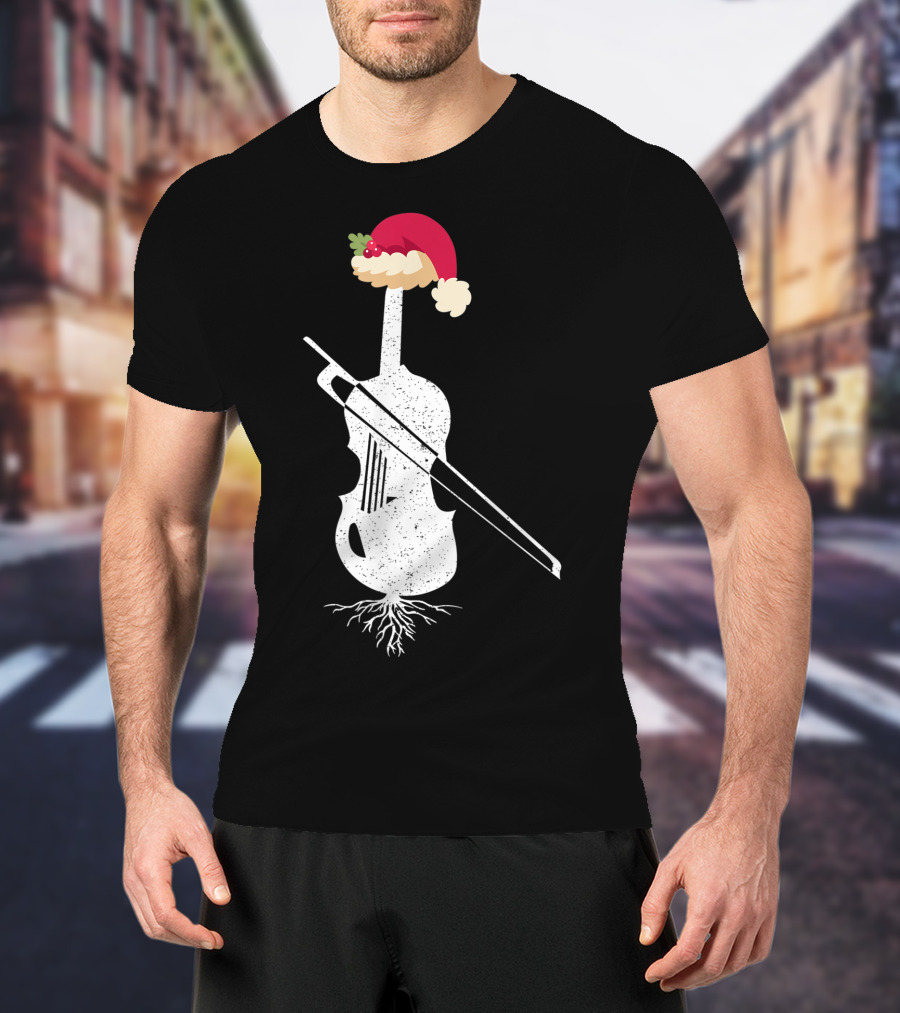 Violin Santa Hat Christmas Tree Vintage Style Holiday Decor T-Shirt