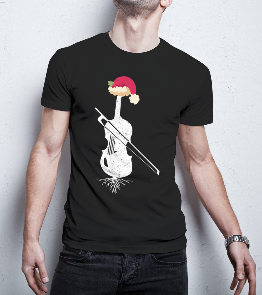 Violin Santa Hat Christmas Tree Vintage Style Holiday Decor T-Shirt