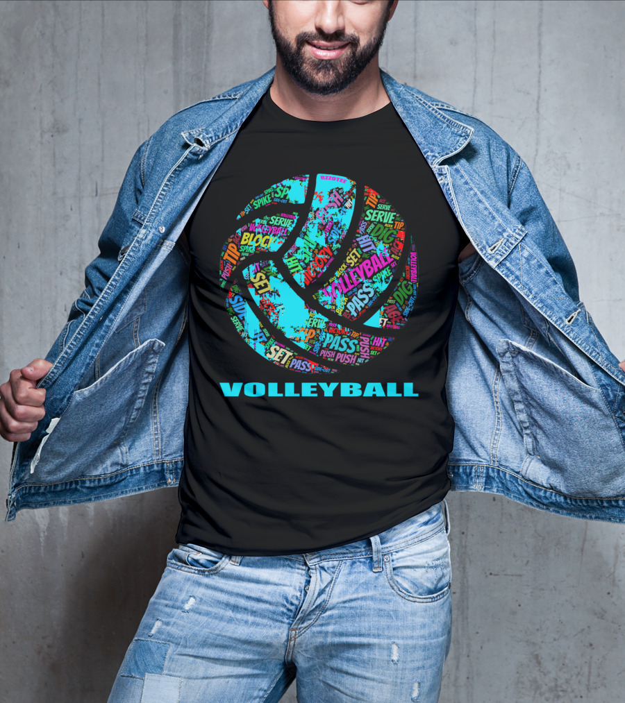 Volleyball Block Serve Dig Set Pass Spike Victory Words Colorful Ball T-Shirt