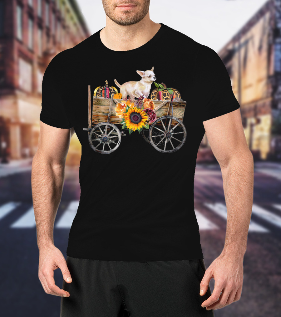 White Chihuahua In Wagon With Pumpkin And Sunflower T-Shirt