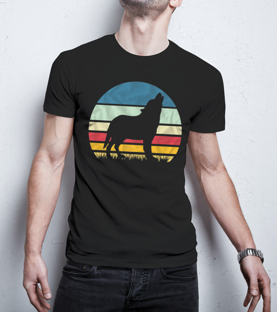 Retro Wolf Silhouette Vintage Sunset Stripes T-Shirt