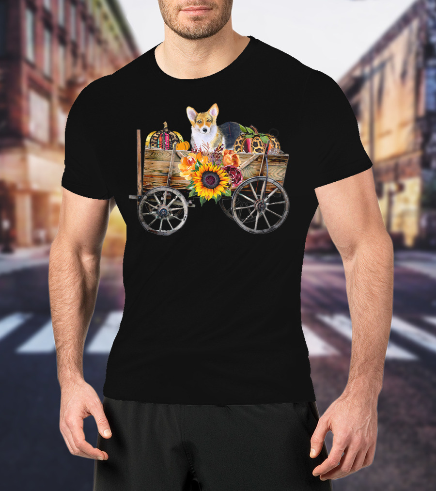 Corgi Clothing Autumn Harvest Corgi Dog In Country Wagon T-Shirt