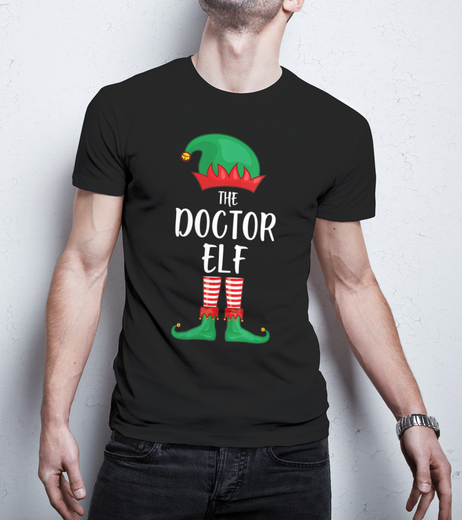 The Doctor Elf Christmas Party Jester Hat And Striped Tights T-Shirt