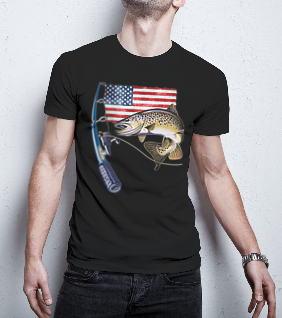 Fishing Hooked On A Feeling American Flag Rod Fish T-Shirt