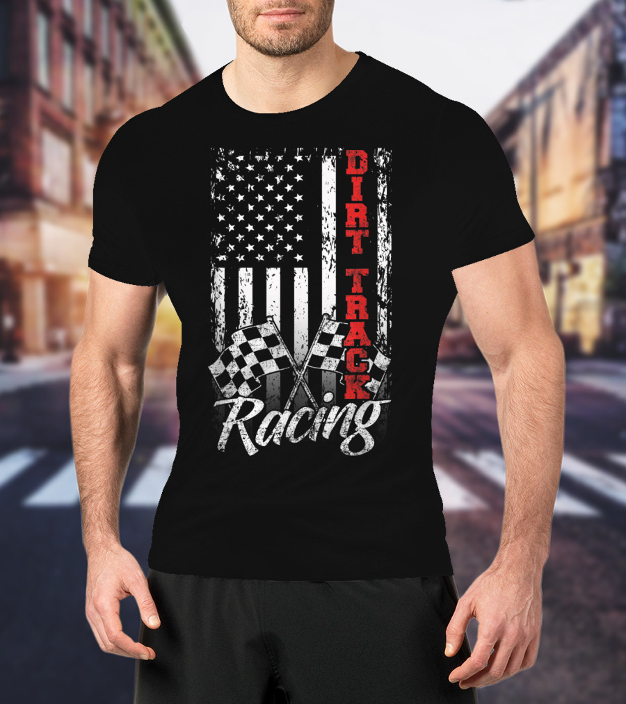 Dirt Track Racing American Flag With Checkered Flags T-Shirt