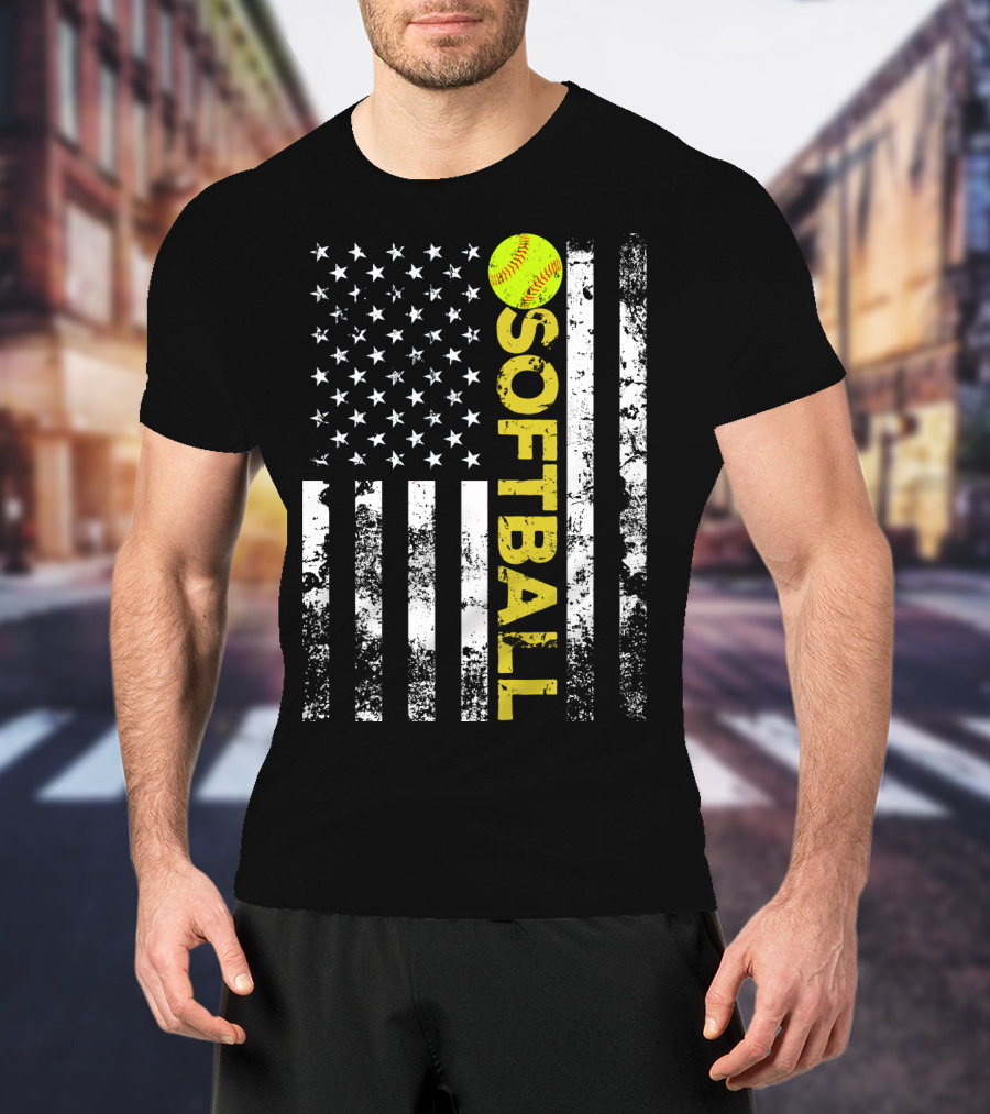 American Flag Softball Vertical Text With Yellow Softball T-Shirt