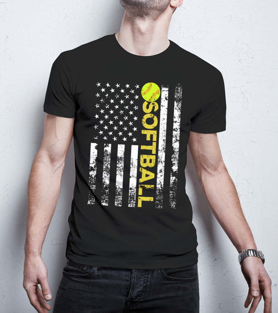 American Flag Softball Vertical Text With Yellow Softball T-Shirt