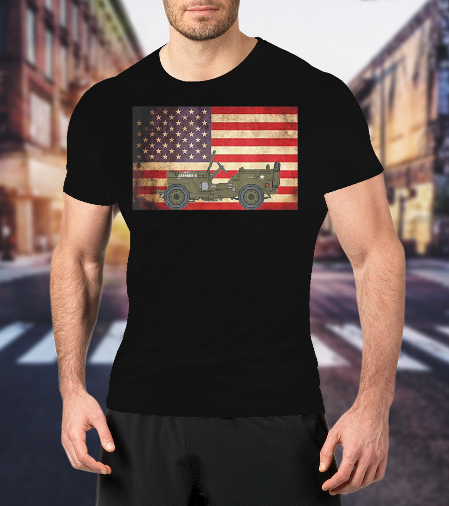American USA Flag Willys Jeep WW2 Military Army Vehicle Stars And Stripes Vintage Retro Iconic T-Shirt