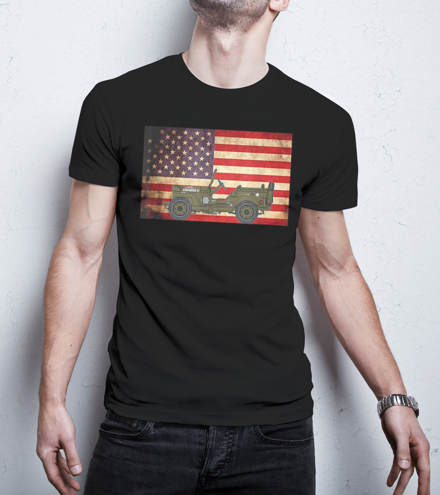 American USA Flag Willys Jeep WW2 Military Army Vehicle Stars And Stripes Vintage Retro Iconic T-Shirt