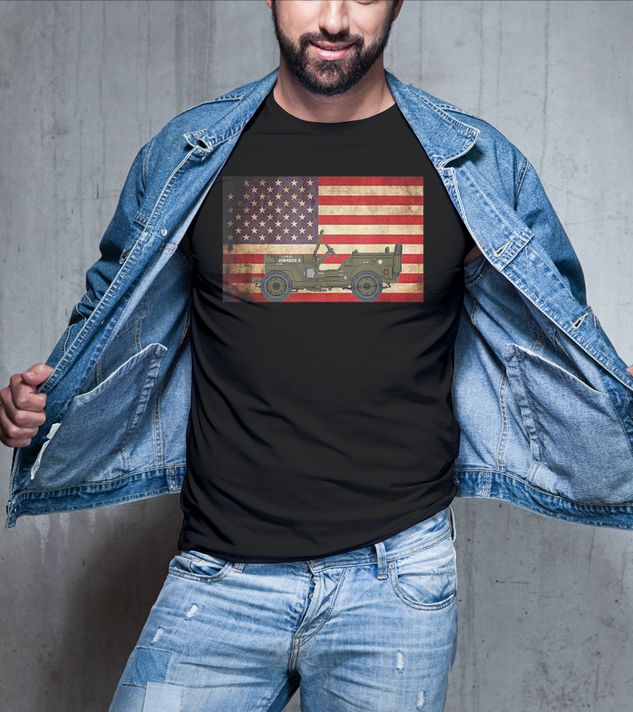American USA Flag Willys Jeep WW2 Military Army Vehicle Stars And Stripes Vintage Retro Iconic T-Shirt