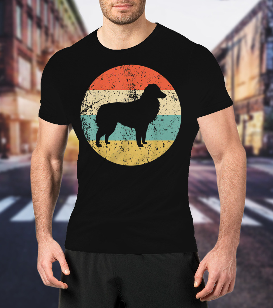 Australian Shepherd Silhouette Retro Circle Stripe T-Shirt