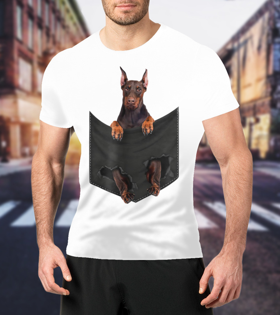 Doberman Pinscher Peeking From Ripped Pocket T-Shirt
