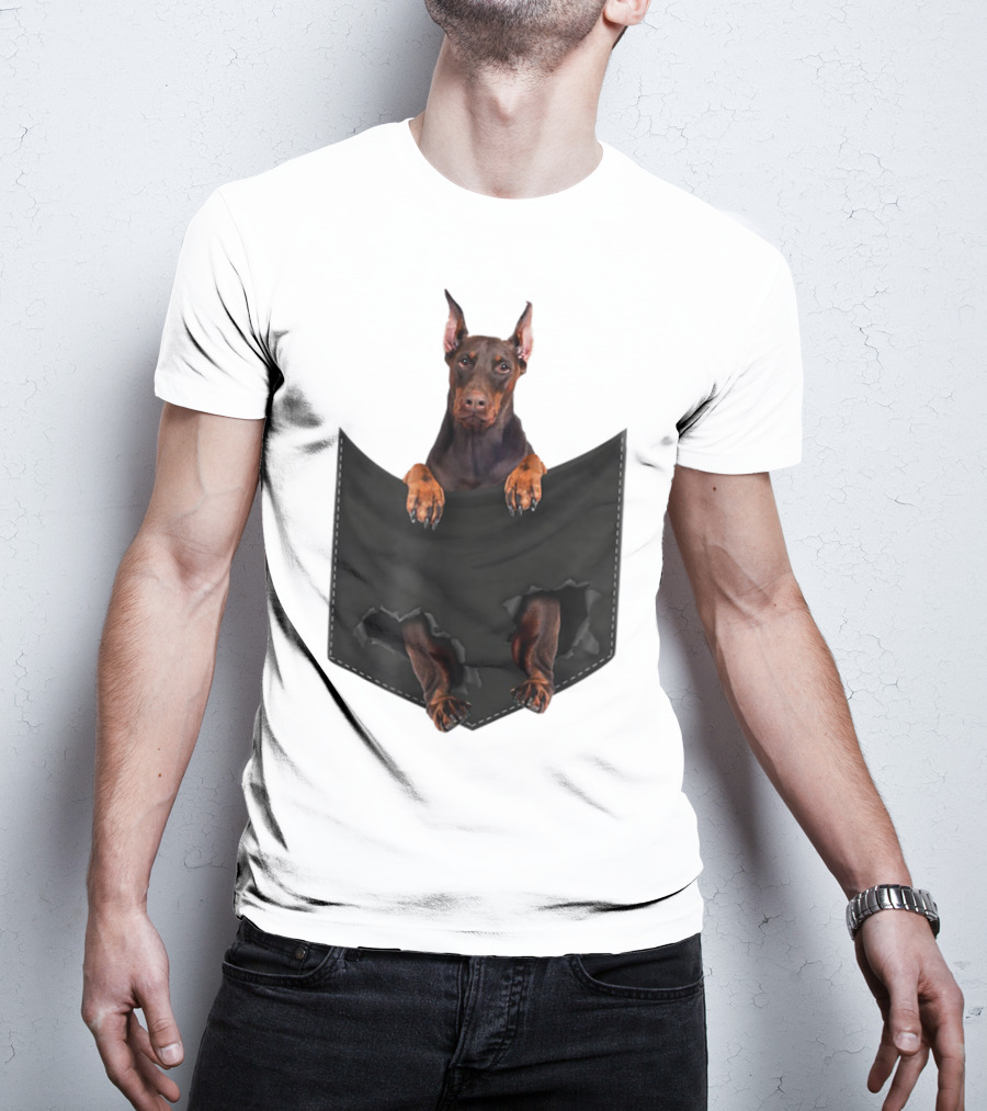 Doberman Pinscher Peeking From Ripped Pocket T-Shirt
