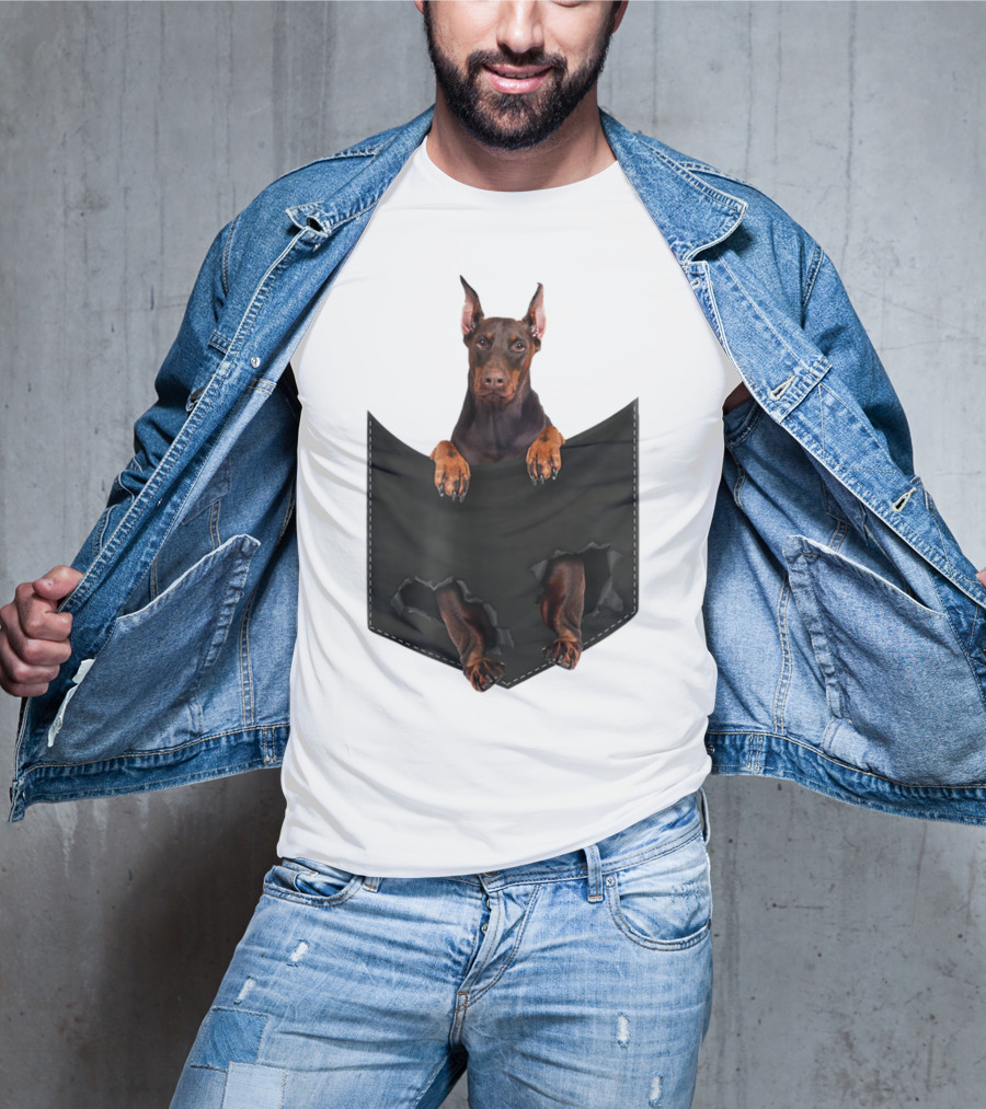 Doberman Pinscher Peeking From Ripped Pocket T-Shirt