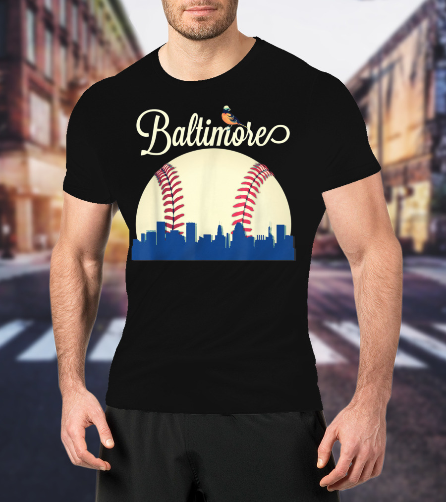 Baltimore Skyline With Baseball And Oriole Bird T-Shirt