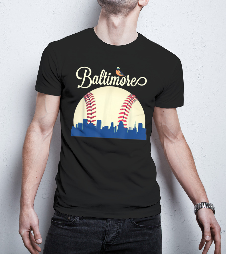 Baltimore Skyline With Baseball And Oriole Bird T-Shirt