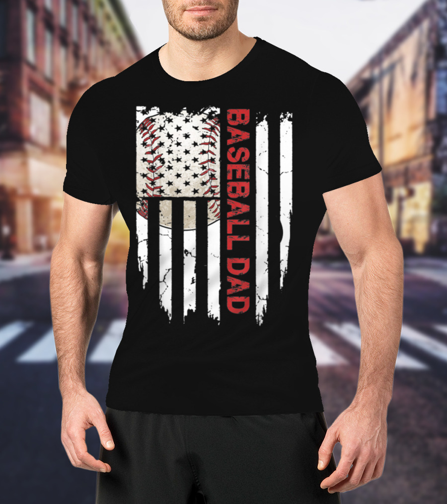 Baseball Dad American Flag Patriotic Stars Stripes Sports Enthusiast T-Shirt