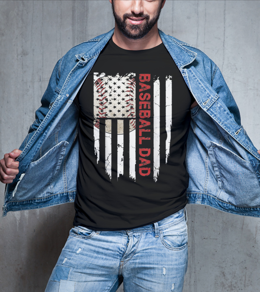 Baseball Dad American Flag Patriotic Stars Stripes Sports Enthusiast T-Shirt