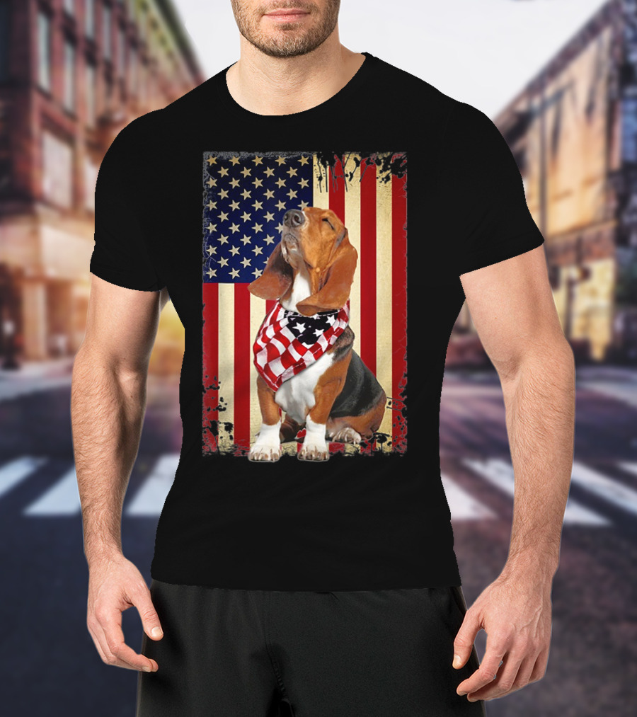 Basset Hound With American Flag Scarf Against USA Flag Background T-Shirt
