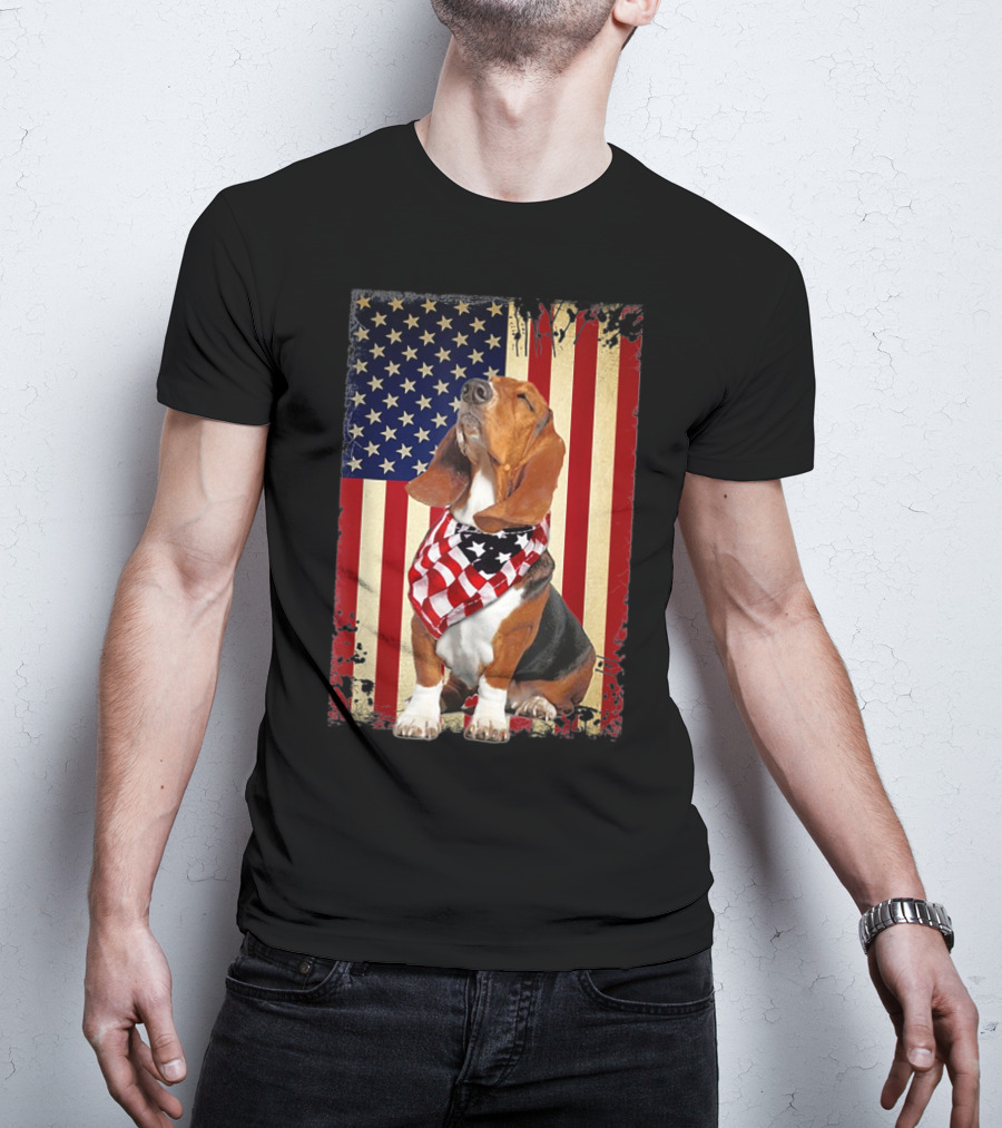 Basset Hound With American Flag Scarf Against USA Flag Background T-Shirt