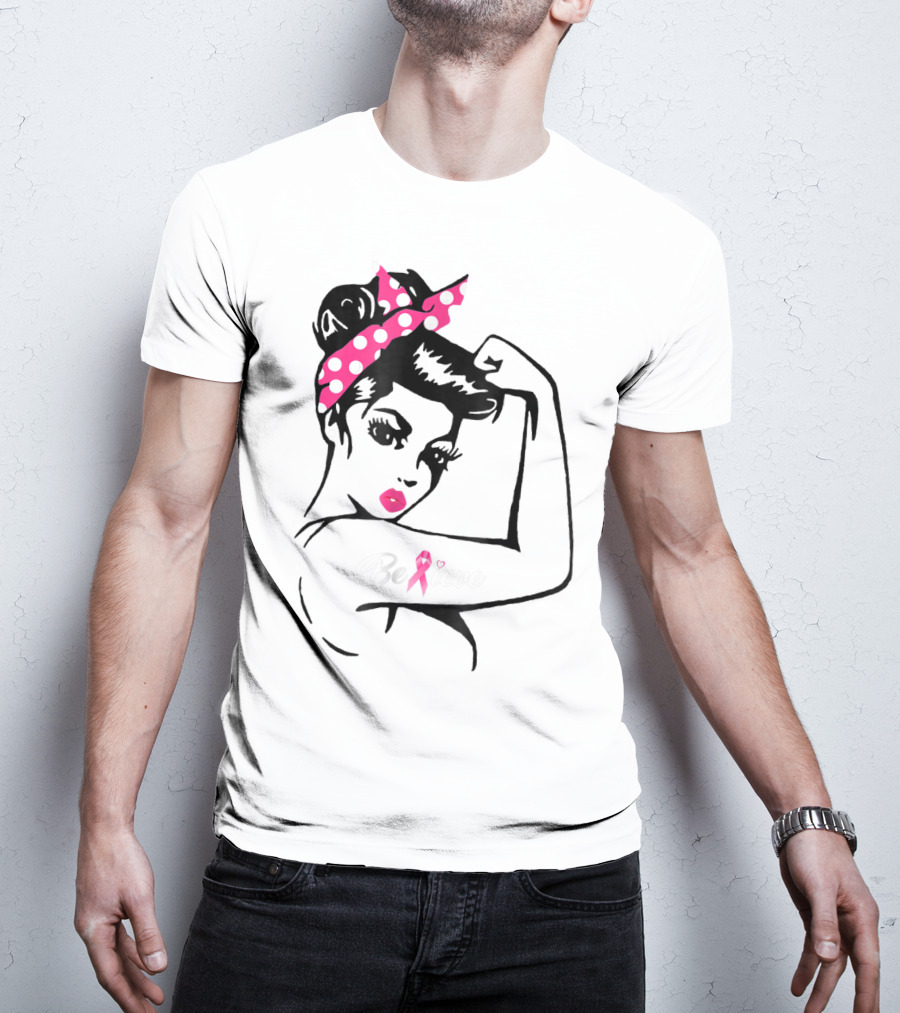 Breast Cancer Warrior Believe Support Awareness With Pink Ribbon And Polka Dot Rosie Bandana T-Shirt