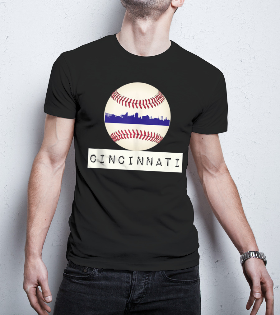 Cincinnati Skyline On Baseball With Red Stitches T-Shirt