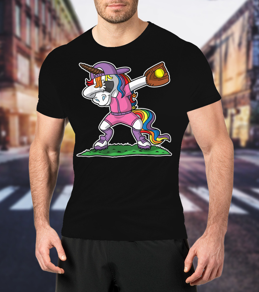 Dabbing Unicorn In Pink Softball Outfit With Glove And Ball T-Shirt