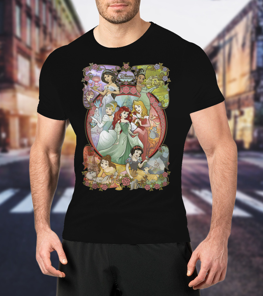 Disney Princess Classic Cartoon Group Collage Cinderella Ariel Belle Snow White Aurora T-Shirt