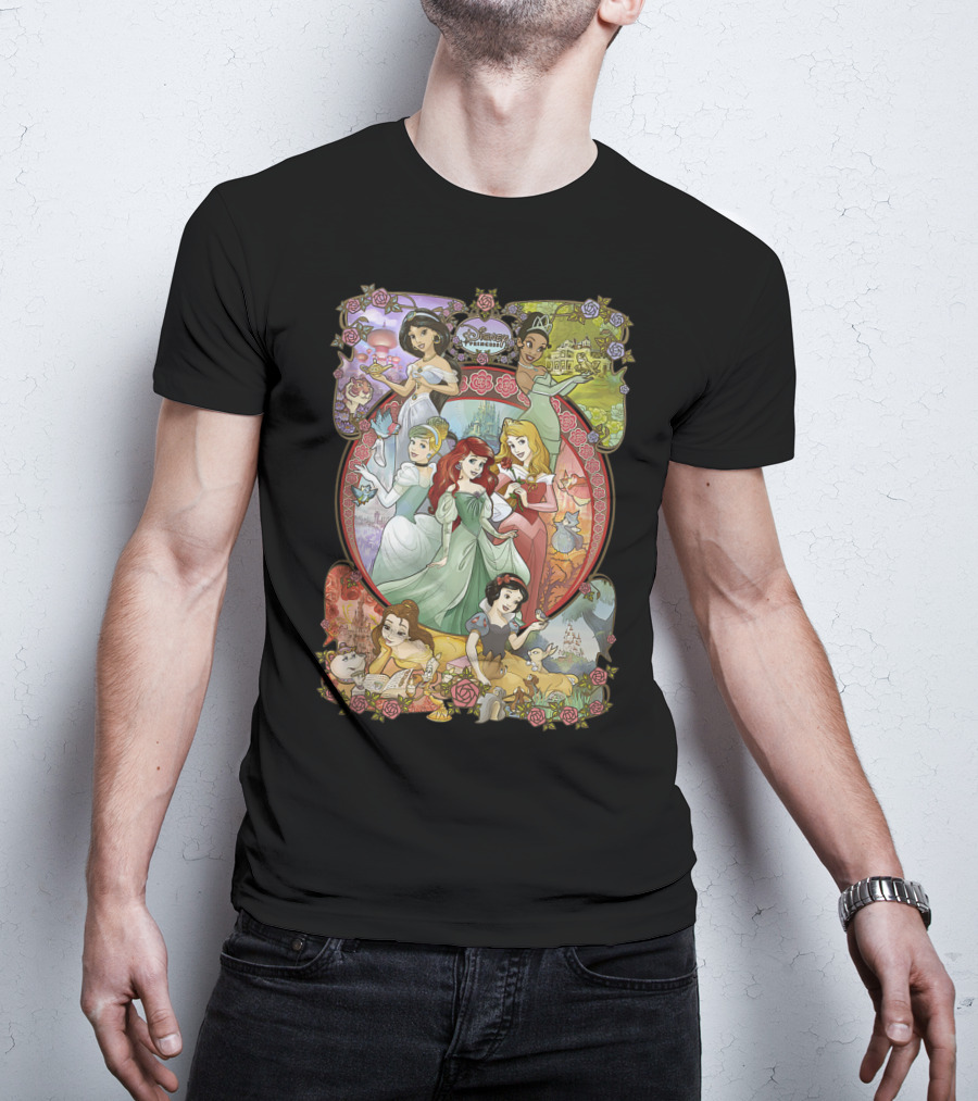 Disney Princess Classic Cartoon Group Collage Cinderella Ariel Belle Snow White Aurora T-Shirt